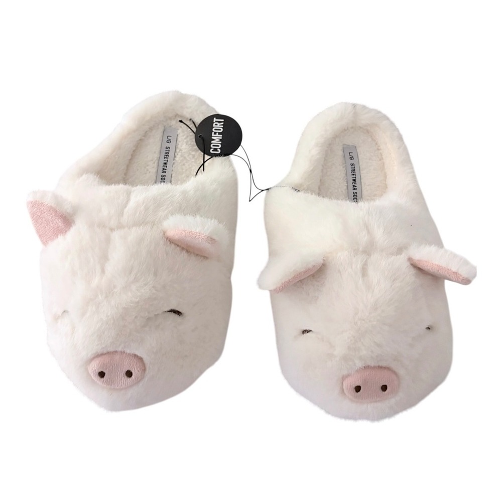 NEW Pig‎ Plush Faux Fur Slippers Size L/G White Pink Comfort Sleepwear
